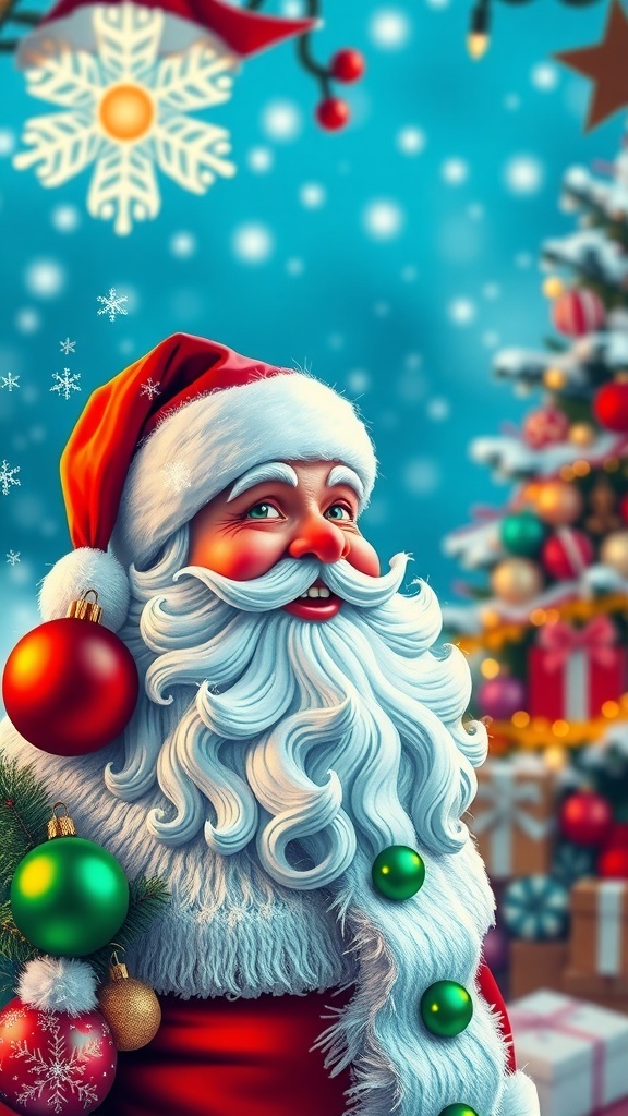 A retro Santa Claus profile picture with Christmas decorations and a winter scene.